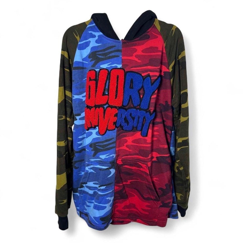 Glory University Hoodie with blue and red camouflage split design, size L